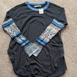NWT Free People Long Sleeve Top with Patterned Sleeves size M